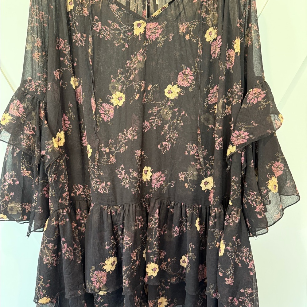 Free People Black Ruffled Flutter Sleeve Blouse